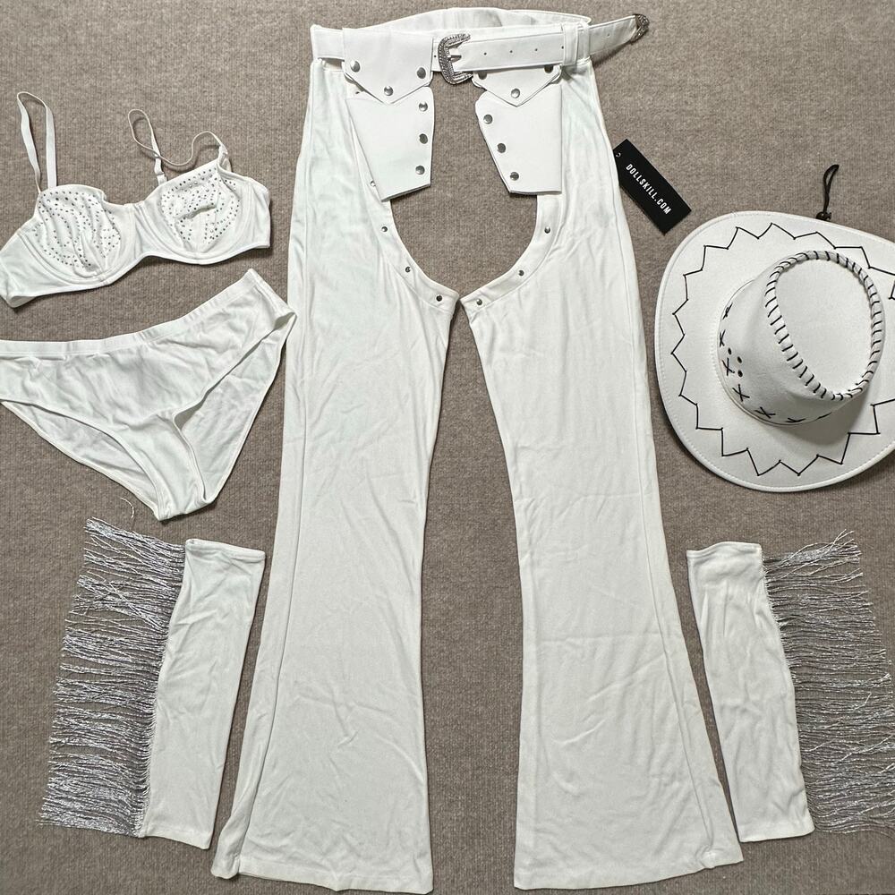 Dolls Kill White Cowgirl Costume Set Rhinestone Chaps Rave Western Festival Sz L - Picture 2 of 8